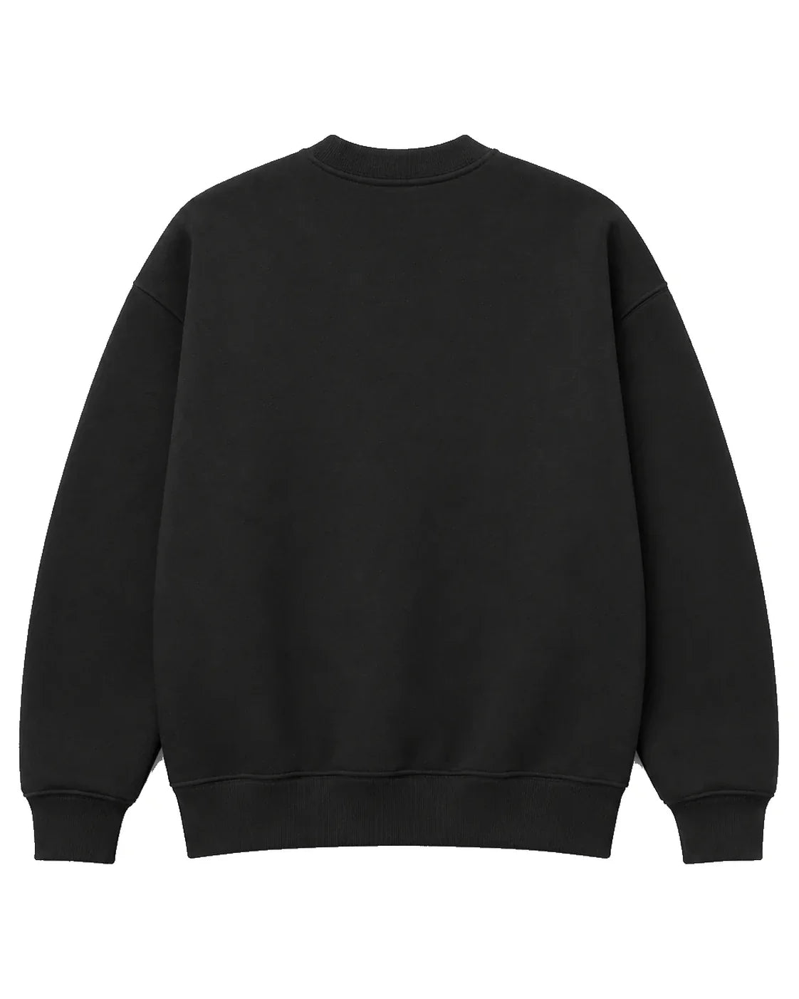 Black crew neck sweater, back view, blank print area