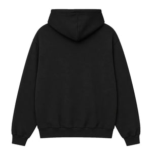 Black hoodie, back view, blank print area